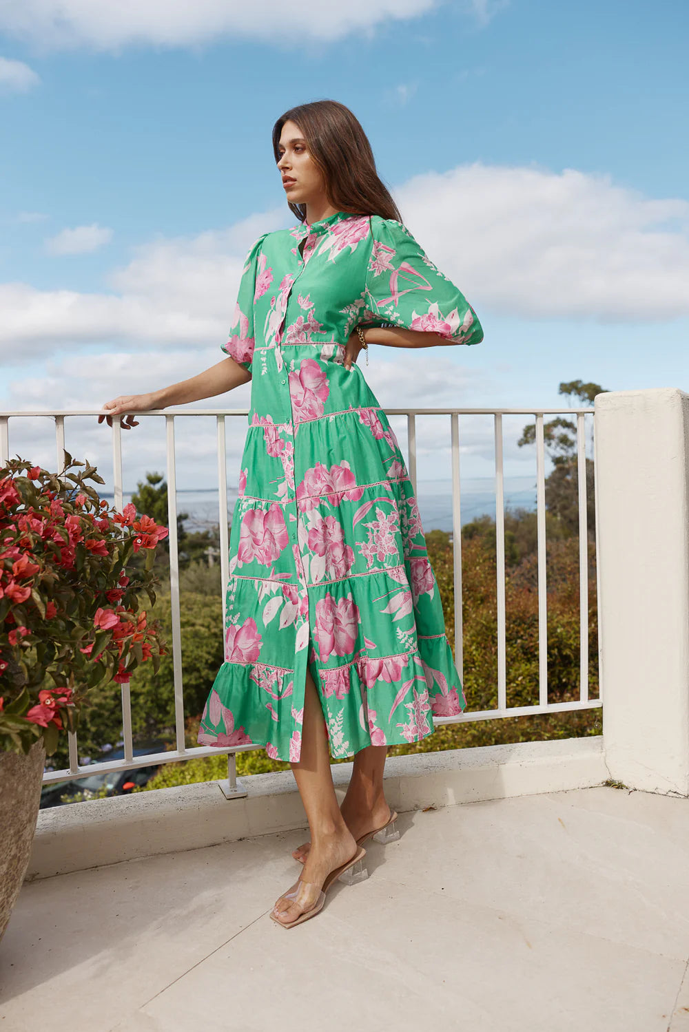 Martina Cotton Silk Dress in Spring Green Night Garden by Alessandra